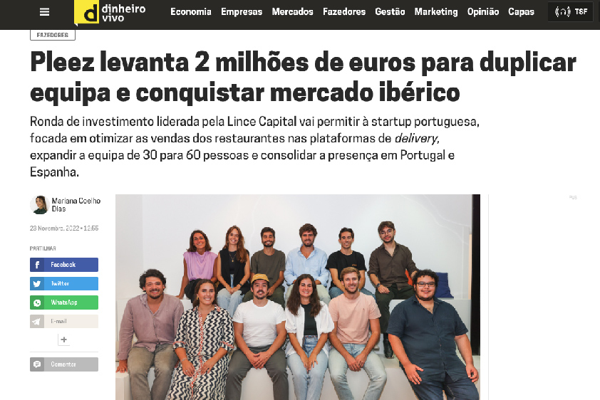 Pleez levanta 2 milhões de euros para duplicar equipa e conquistar mercado ibérico